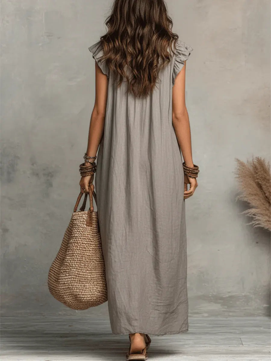 Sole — Abito Lungo in Lino con Scollo Rouches e Tasche