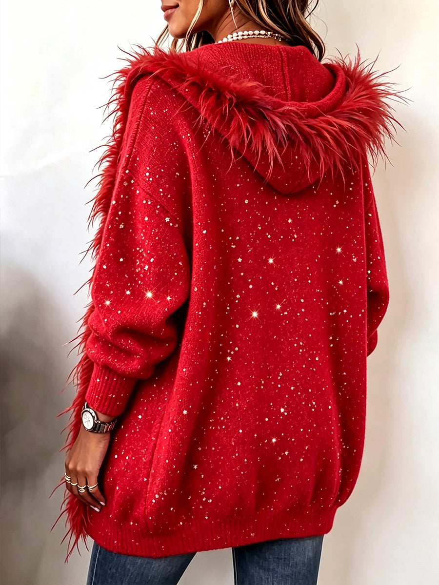Cardigan Scintillante con Bordo in Piume