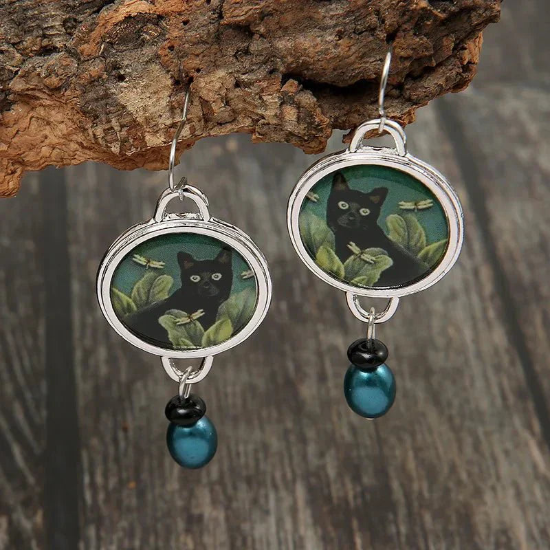 Orecchini pendenti vintage a forma di gatto nero tropicale